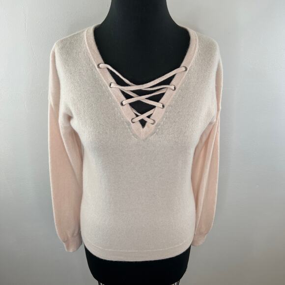 Christopher Fischer Pink Long Sleeve 100% Cashmere Lace Up V-Neck Sweater Size S - Picture 5 of 7